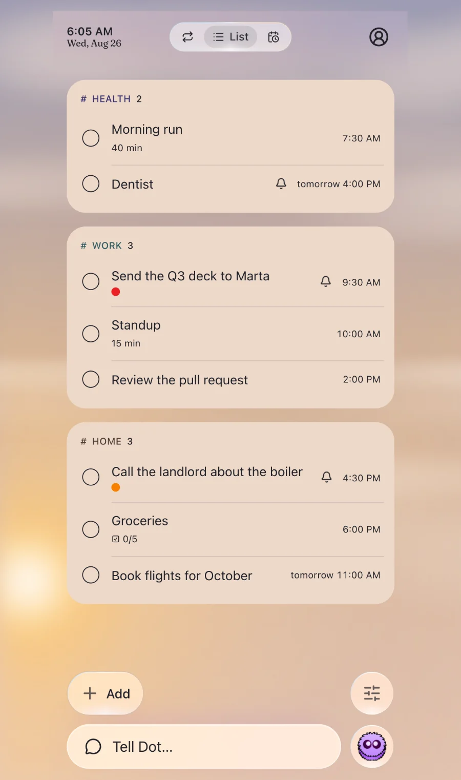 Dot task list under a morning sky